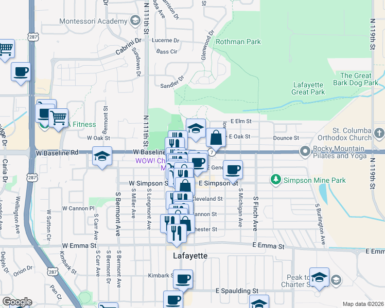 map of restaurants, bars, coffee shops, grocery stores, and more near 101 East Baseline Road in Lafayette