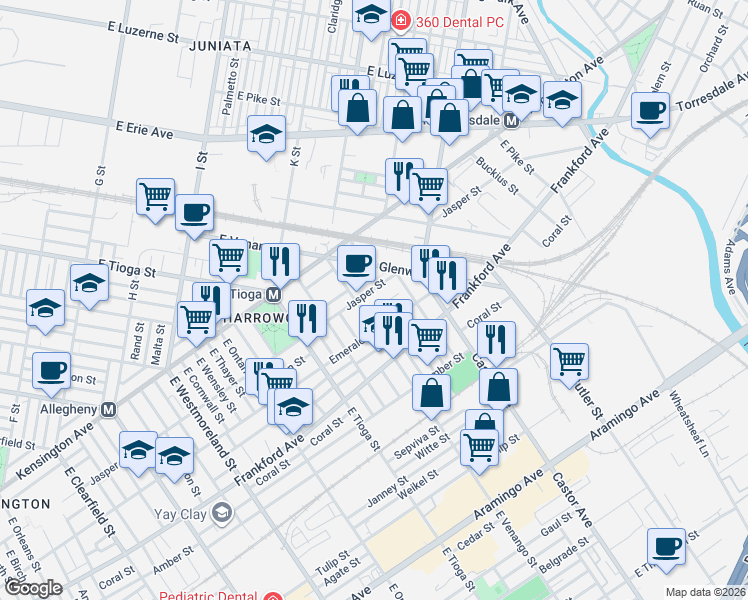 map of restaurants, bars, coffee shops, grocery stores, and more near 3632 Jasper Street in Philadelphia