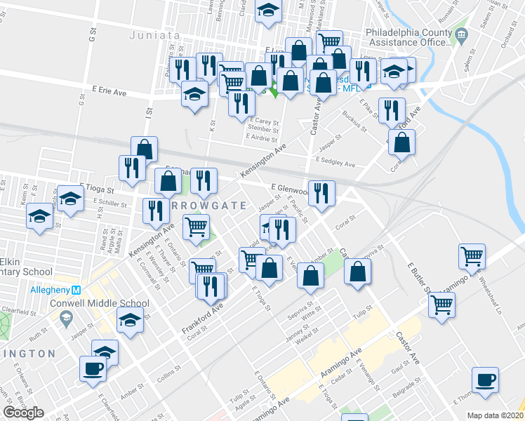 map of restaurants, bars, coffee shops, grocery stores, and more near 3632 Jasper Street in Philadelphia