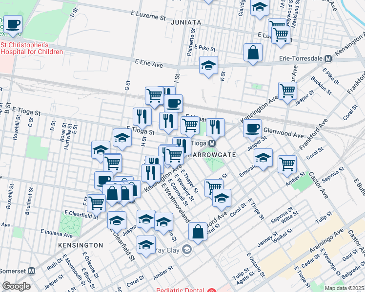 map of restaurants, bars, coffee shops, grocery stores, and more near 1022 East Tioga Street in Philadelphia