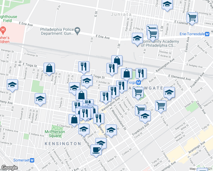 map of restaurants, bars, coffee shops, grocery stores, and more near 949 East Schiller Street in Philadelphia