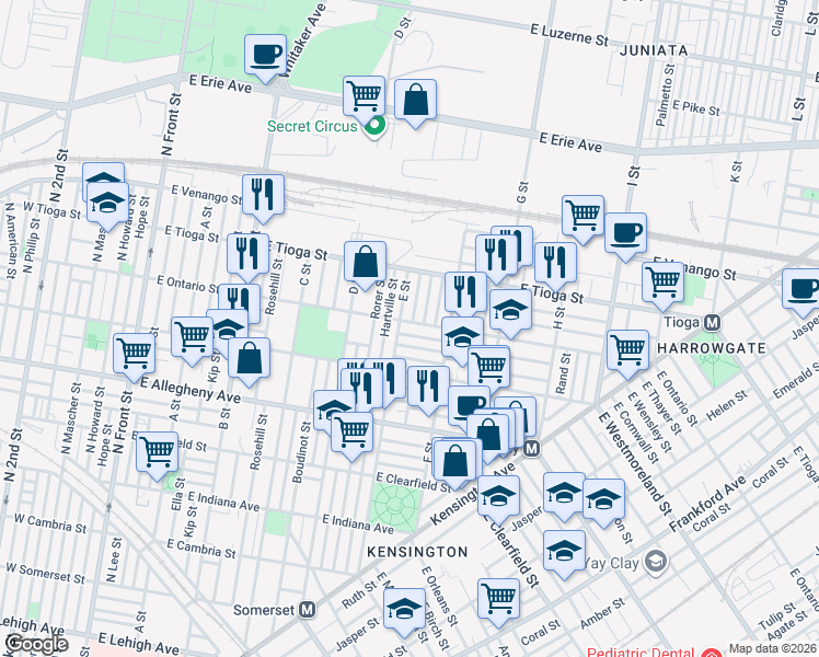 map of restaurants, bars, coffee shops, grocery stores, and more near 3405 E Street in Philadelphia