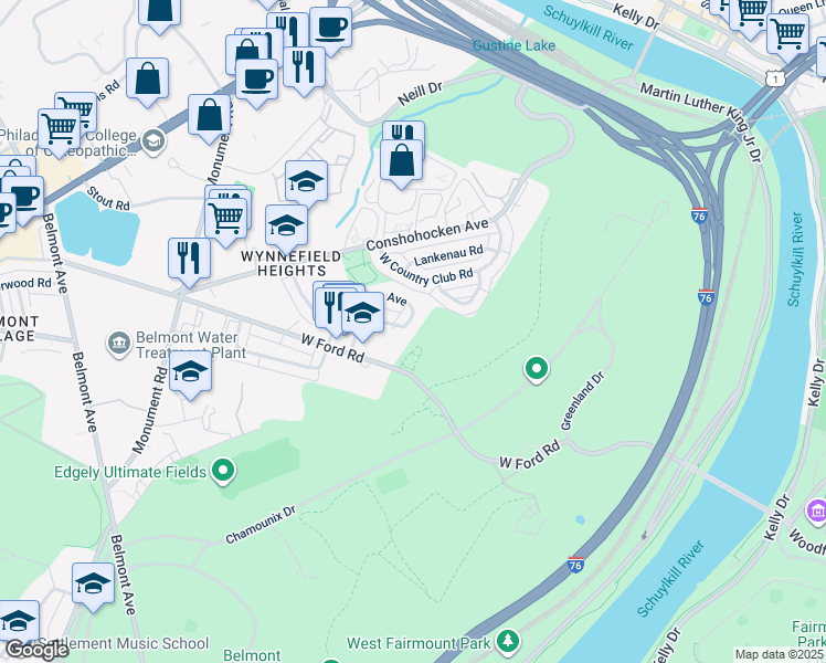 map of restaurants, bars, coffee shops, grocery stores, and more near 3917 Ellington Road in Philadelphia