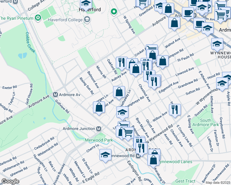 map of restaurants, bars, coffee shops, grocery stores, and more near 673 Georges Lane in Ardmore