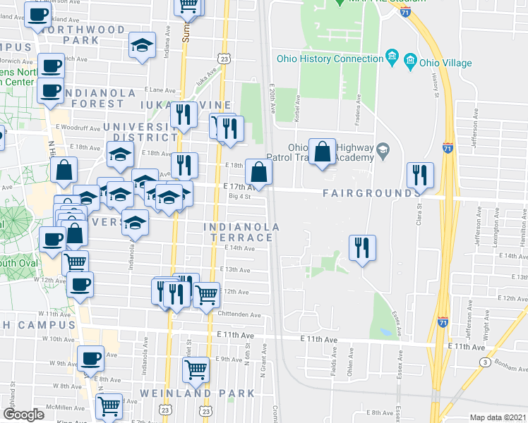 map of restaurants, bars, coffee shops, grocery stores, and more near 428 East 16th Avenue in Columbus