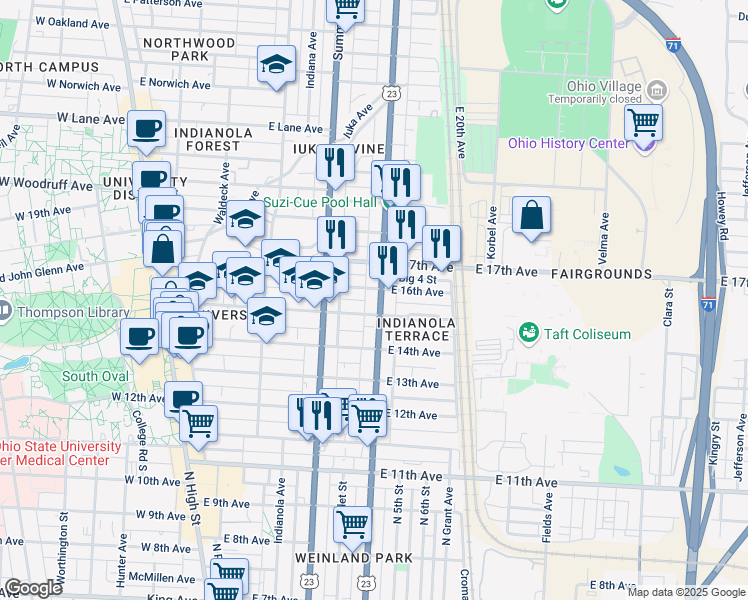 map of restaurants, bars, coffee shops, grocery stores, and more near 317 East 16th Avenue in Columbus