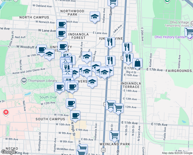 map of restaurants, bars, coffee shops, grocery stores, and more near 201 East 16th Avenue in Columbus