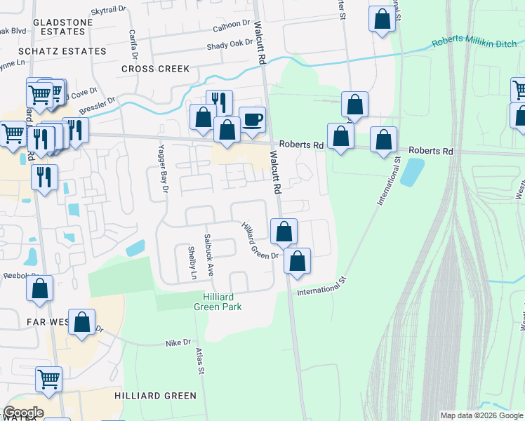 map of restaurants, bars, coffee shops, grocery stores, and more near 2418 Mills Fall Drive in Hilliard