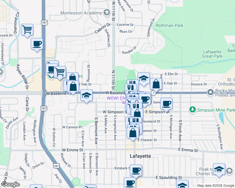 map of restaurants, bars, coffee shops, grocery stores, and more near 301 West Baseline Road in Lafayette