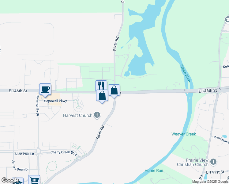 map of restaurants, bars, coffee shops, grocery stores, and more near East 146th Street & River Road in Noblesville