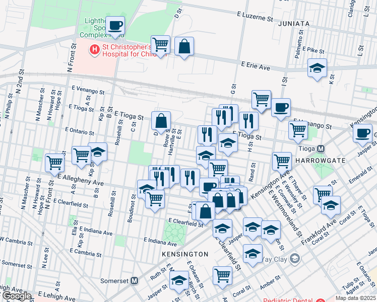map of restaurants, bars, coffee shops, grocery stores, and more near 636 East Ontario Street in Philadelphia
