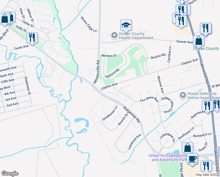 map of restaurants, bars, coffee shops, grocery stores, and more near 21 Columbine Circle in Toms River