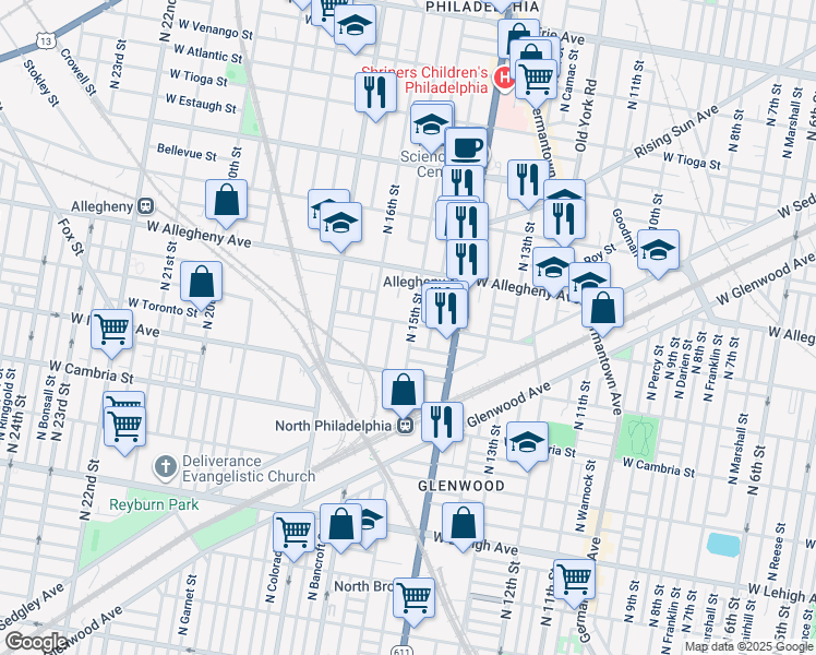 map of restaurants, bars, coffee shops, grocery stores, and more near 3058 North 15th Street in Philadelphia
