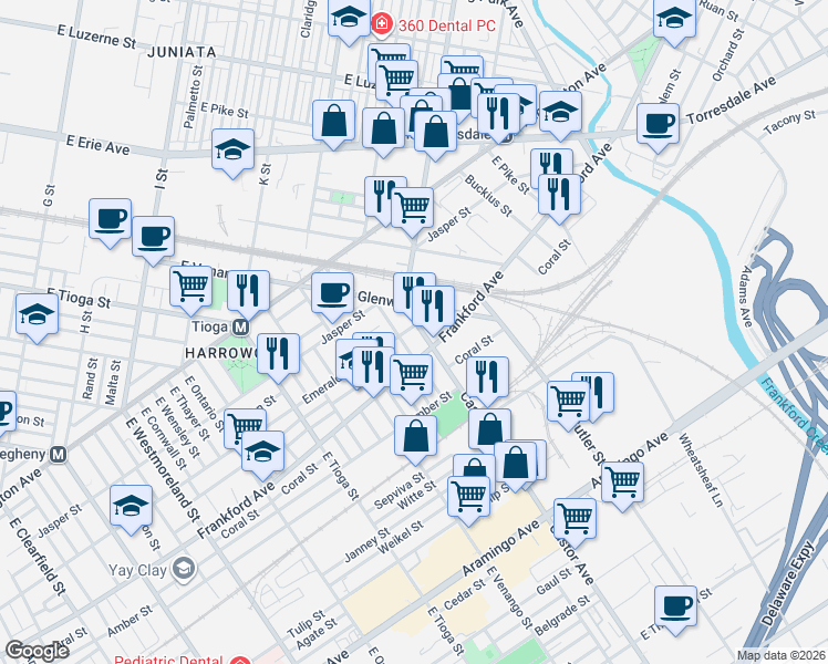 map of restaurants, bars, coffee shops, grocery stores, and more near 2020 East Glenwood Avenue in Philadelphia