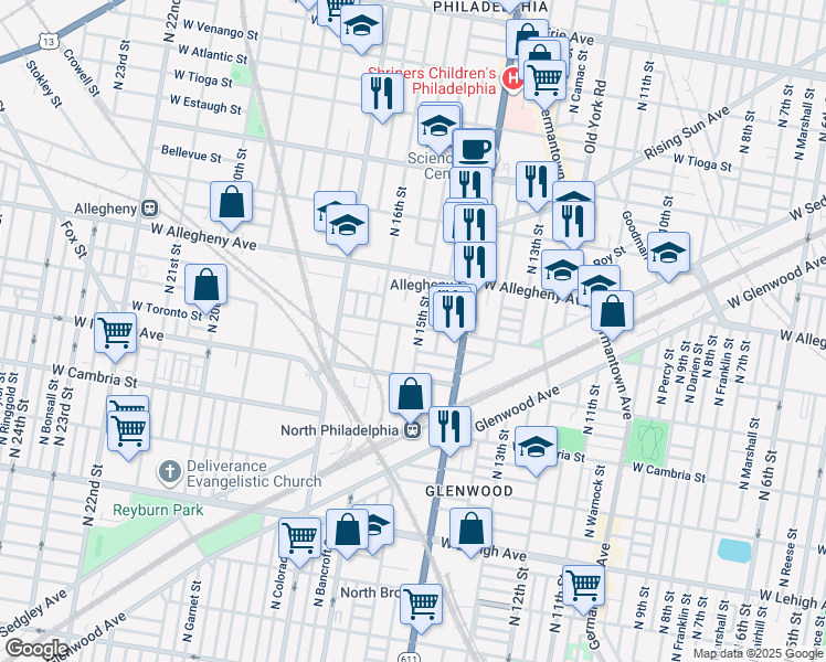 map of restaurants, bars, coffee shops, grocery stores, and more near 3058 North 15th Street in Philadelphia