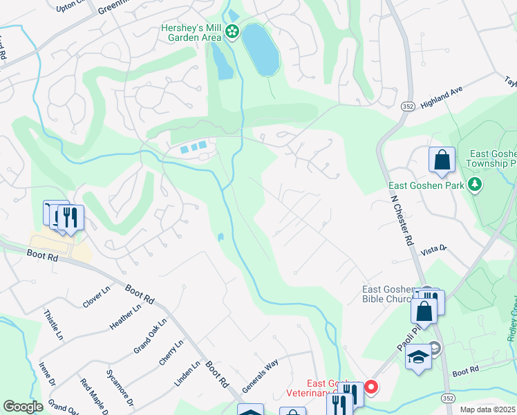 map of restaurants, bars, coffee shops, grocery stores, and more near 960 Cornwallis Drive in West Chester
