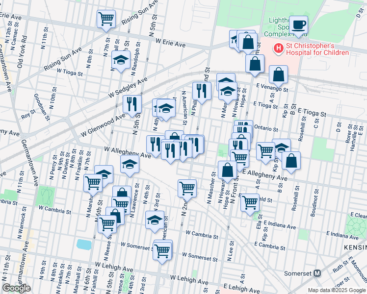 map of restaurants, bars, coffee shops, grocery stores, and more near 3237 North American Street in Philadelphia