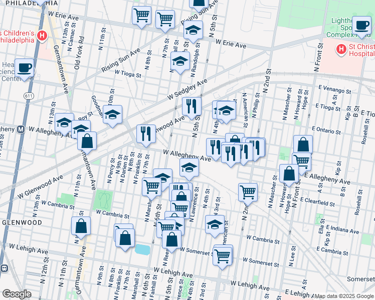 map of restaurants, bars, coffee shops, grocery stores, and more near 3209 North Reese Street in Philadelphia