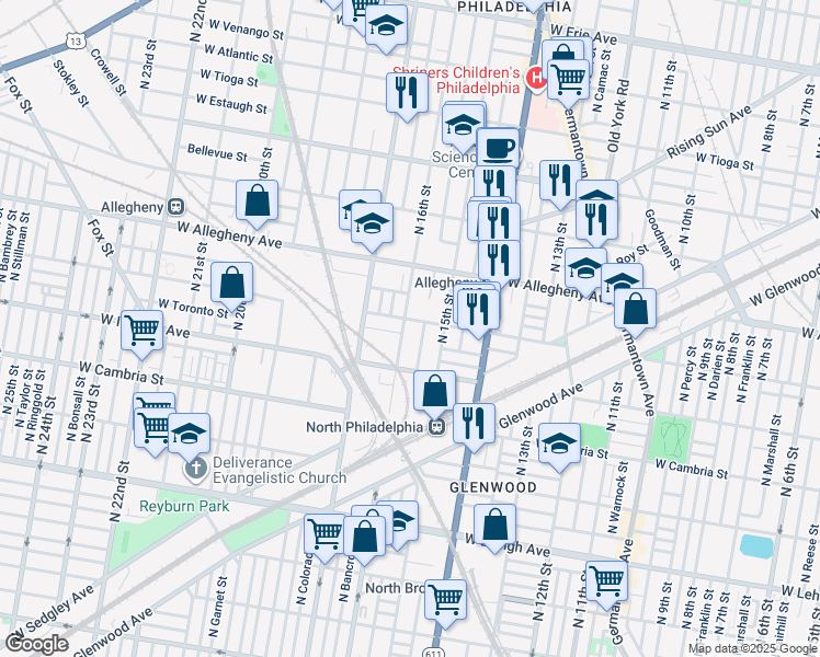 map of restaurants, bars, coffee shops, grocery stores, and more near 3053 North 16th Street in Philadelphia