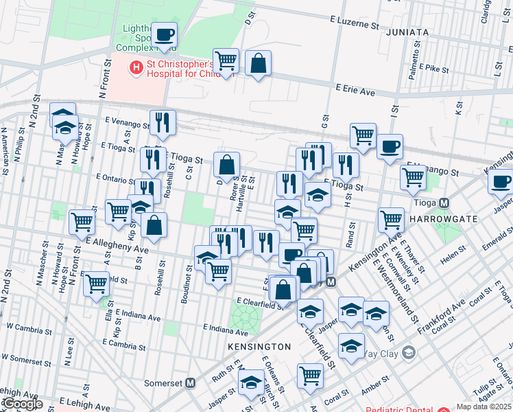 map of restaurants, bars, coffee shops, grocery stores, and more near 616 East Ontario Street in Philadelphia