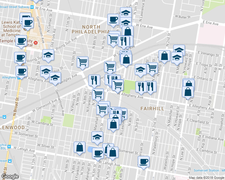 map of restaurants, bars, coffee shops, grocery stores, and more near 551 West Allegheny Avenue in Philadelphia