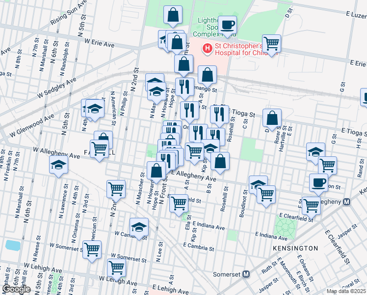 map of restaurants, bars, coffee shops, grocery stores, and more near 133 East Westmoreland Street in Philadelphia