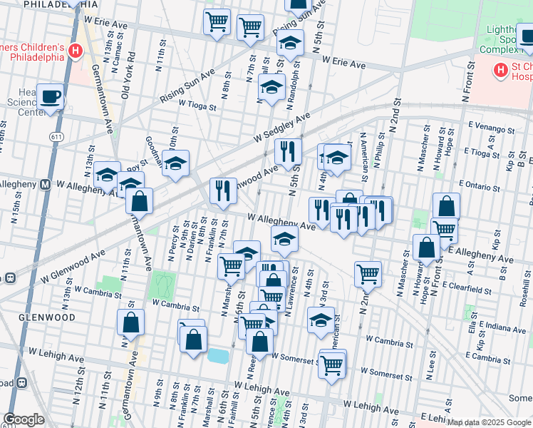 map of restaurants, bars, coffee shops, grocery stores, and more near 551 West Allegheny Avenue in Philadelphia