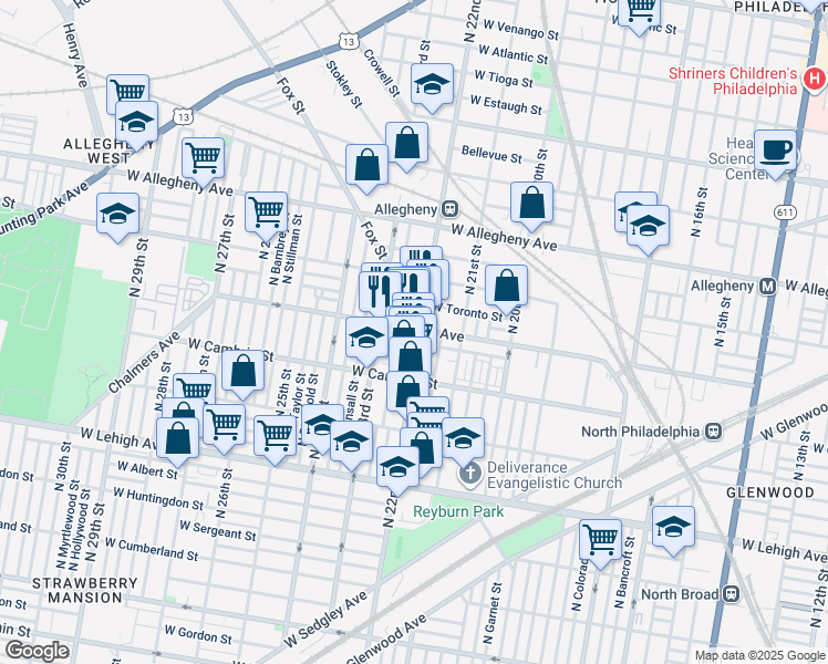 map of restaurants, bars, coffee shops, grocery stores, and more near 2962 North 22nd Street in Philadelphia