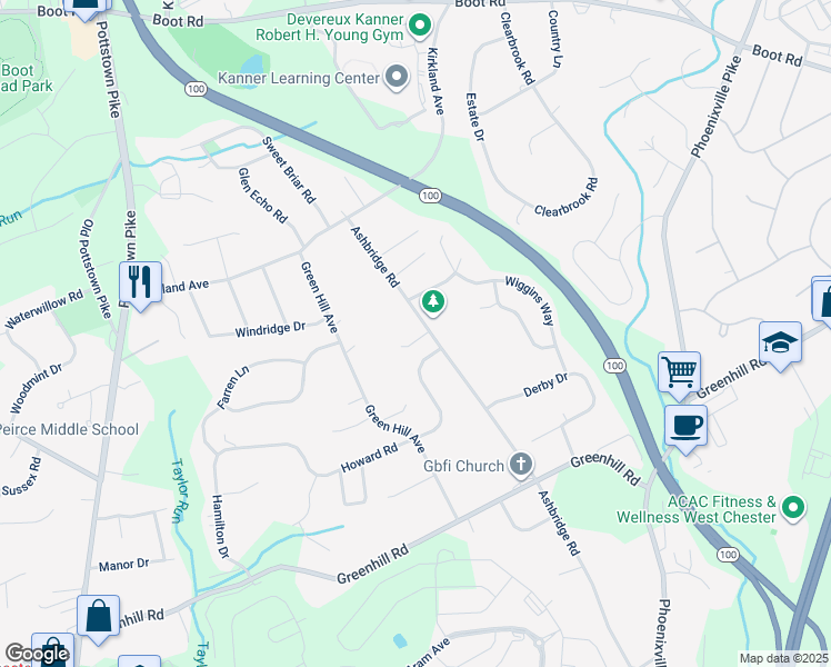 map of restaurants, bars, coffee shops, grocery stores, and more near 1302 Ashbridge Road in West Chester