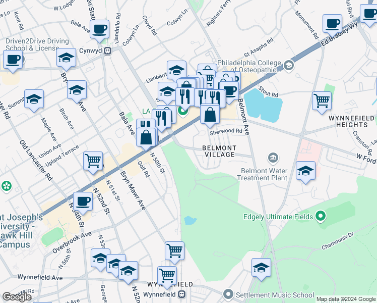 map of restaurants, bars, coffee shops, grocery stores, and more near 4808 Conshohocken Avenue in Philadelphia