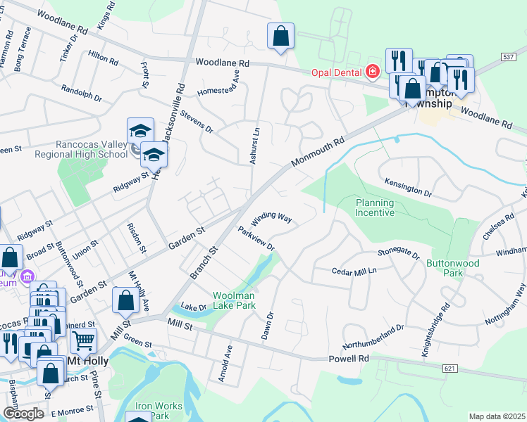 map of restaurants, bars, coffee shops, grocery stores, and more near 10 Winding Way in Mount Holly