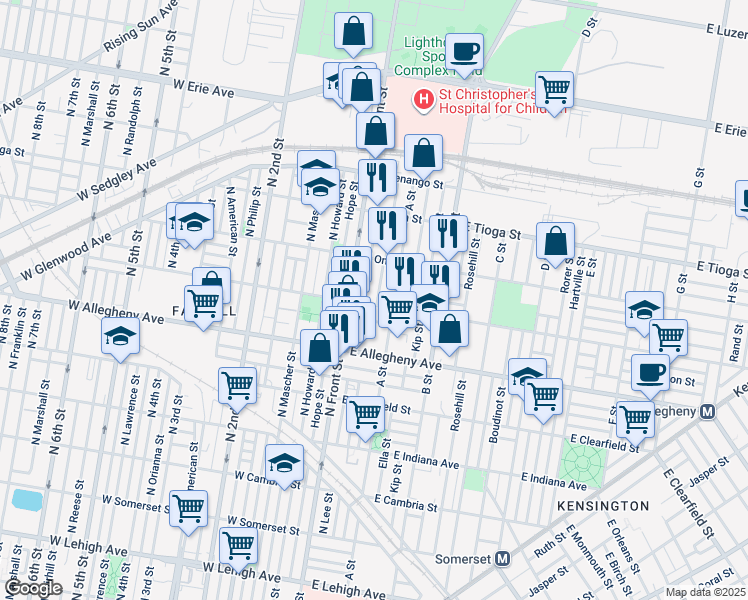 map of restaurants, bars, coffee shops, grocery stores, and more near 133 East Westmoreland Street in Philadelphia