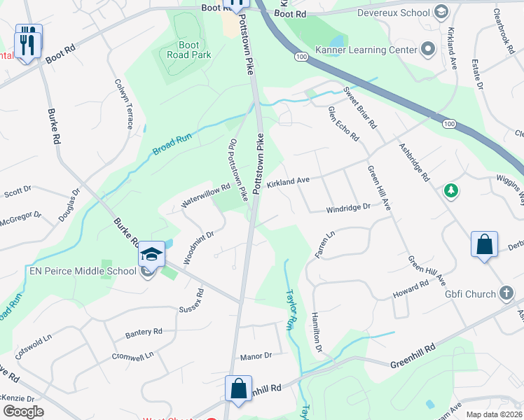 map of restaurants, bars, coffee shops, grocery stores, and more near 1341 Pottstown Pike in West Chester