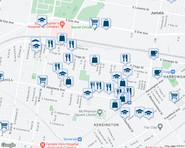 map of restaurants, bars, coffee shops, grocery stores, and more near 3341 D Street in Philadelphia