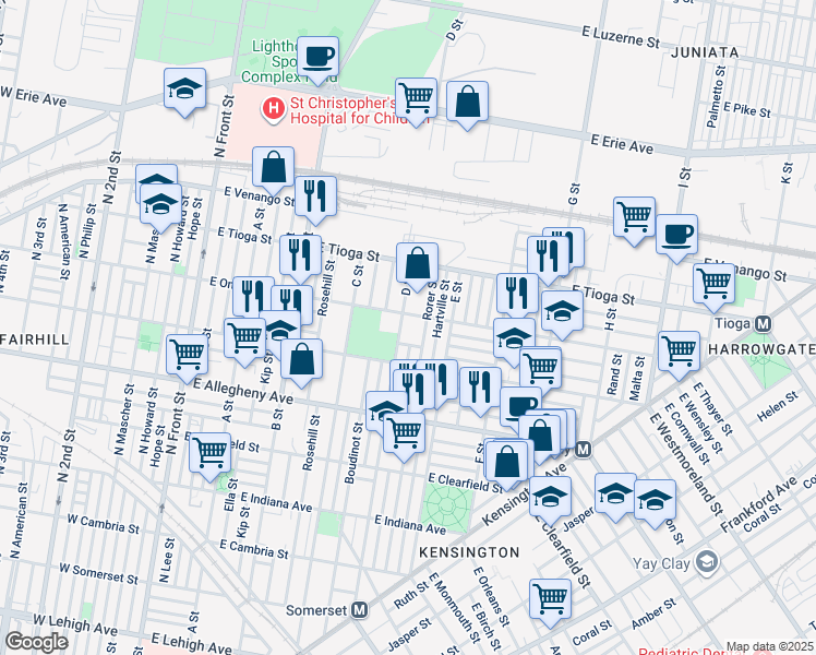 map of restaurants, bars, coffee shops, grocery stores, and more near 3341 D Street in Philadelphia
