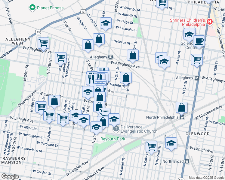 map of restaurants, bars, coffee shops, grocery stores, and more near 3002 North 21st Street in Philadelphia