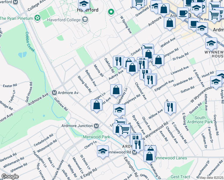 map of restaurants, bars, coffee shops, grocery stores, and more near 673 Georges Lane in Ardmore
