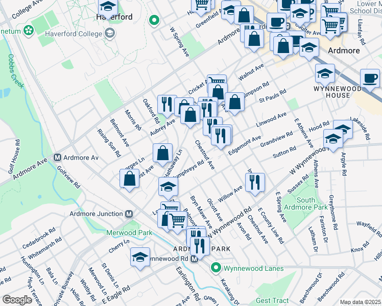 map of restaurants, bars, coffee shops, grocery stores, and more near 2723 Saint Marys Road in Ardmore