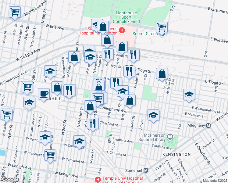 map of restaurants, bars, coffee shops, grocery stores, and more near 3303 A Street in Philadelphia