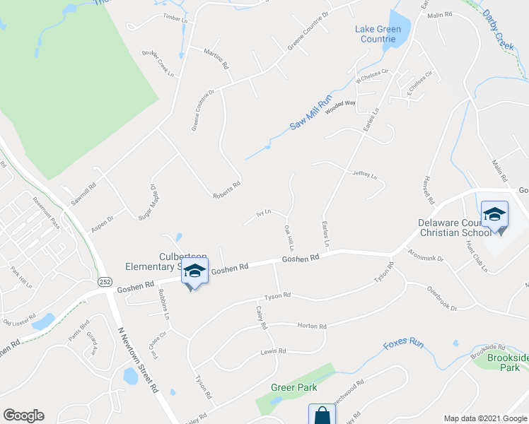 map of restaurants, bars, coffee shops, grocery stores, and more near Ivy Lane in Delaware County