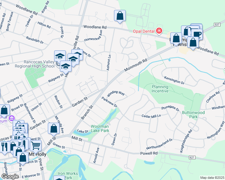 map of restaurants, bars, coffee shops, grocery stores, and more near 10 Winding Way in Mount Holly