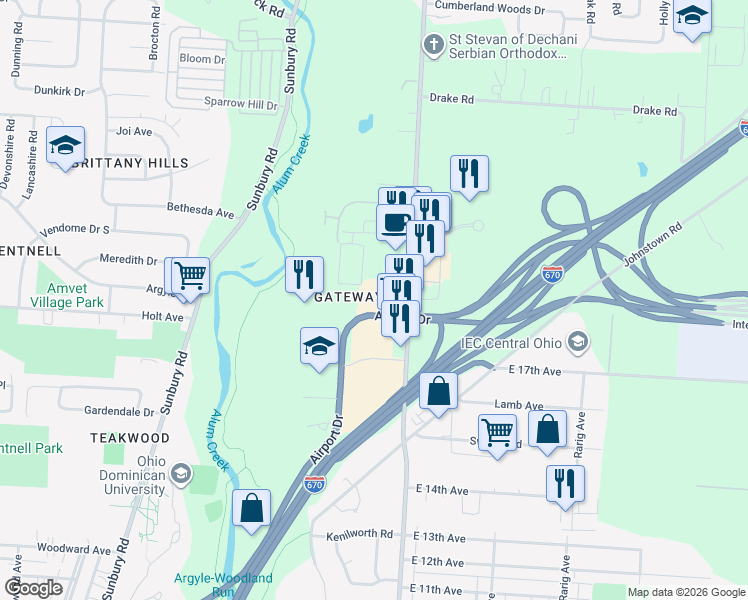map of restaurants, bars, coffee shops, grocery stores, and more near 2900 Airport Drive in Columbus