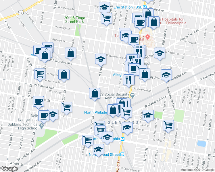 map of restaurants, bars, coffee shops, grocery stores, and more near 3050 North 16th Street in Philadelphia