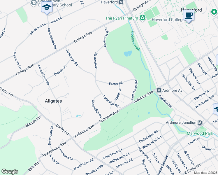 map of restaurants, bars, coffee shops, grocery stores, and more near 369 Exeter Road in Haverford