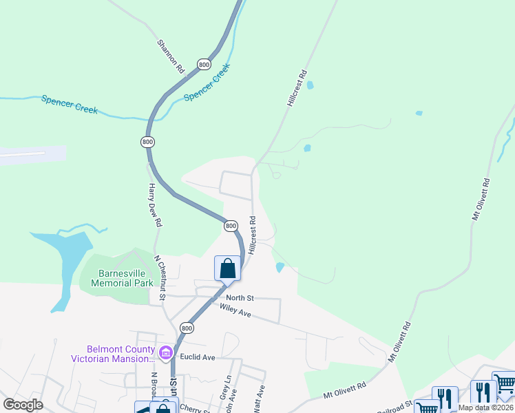 map of restaurants, bars, coffee shops, grocery stores, and more near 62239 Hillcrest Road in Barnesville