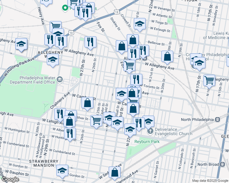 map of restaurants, bars, coffee shops, grocery stores, and more near 2941 North 24th Street in Philadelphia