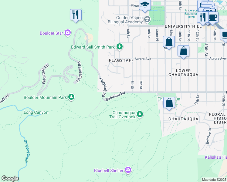 map of restaurants, bars, coffee shops, grocery stores, and more near 421 Baseline Road in Boulder