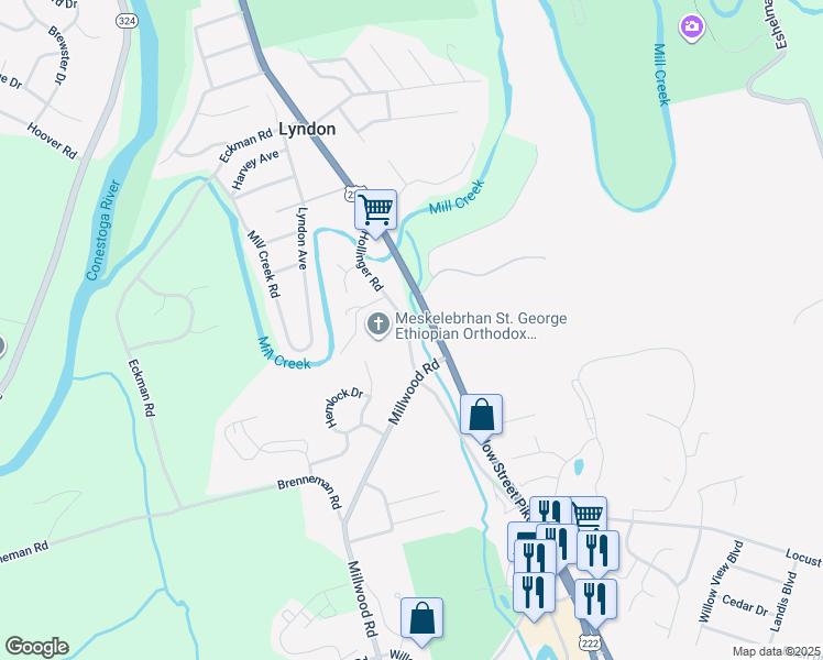 map of restaurants, bars, coffee shops, grocery stores, and more near 2141 Hollinger Road in Lancaster