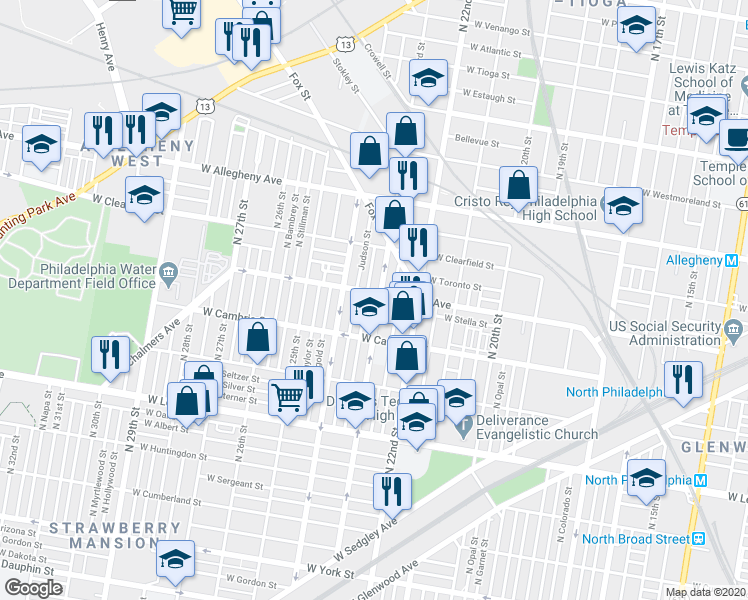 map of restaurants, bars, coffee shops, grocery stores, and more near 2956 North 23rd Street in Philadelphia