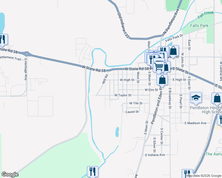 map of restaurants, bars, coffee shops, grocery stores, and more near 220 South Jefferson Street in Pendleton